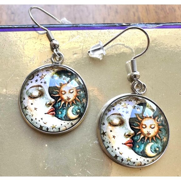 Moon Star Sun Earrings Navy Blue Eclectic Planet Astrology Zodiac Celestial Taro - Picture 7 of 12